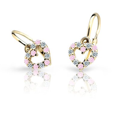 Dětské náušnice Danfil srdíčka C2157 ze žlutého zlata s kamínky Pink, zapínání brizura