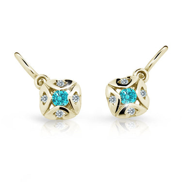 Dětské náušnice Danfil C2250 ze žlutého zlata s kamínkem Mint Green, zapínání brizura