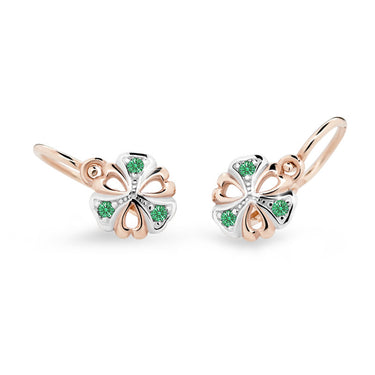 Dětské náušnice Danfil kytičky C2230 z růžového zlata s kamínky Emerald Green, zapínání brizura