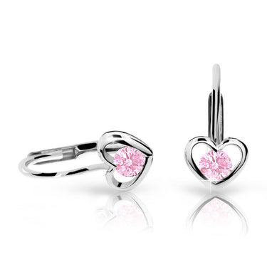 Dětské náušnice Danfil srdíčka C1943 z bílého zlata s kamínkem Pink, zapínání klapka