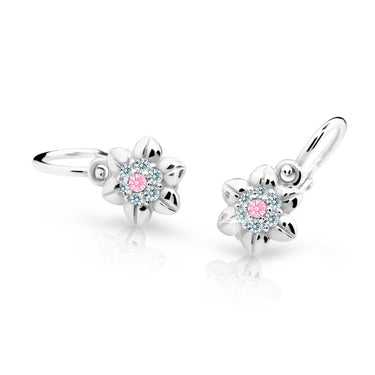 Dětské náušnice Danfil kytičky C2202 z bílého zlata s kamínkem Pink, zapínání brizura