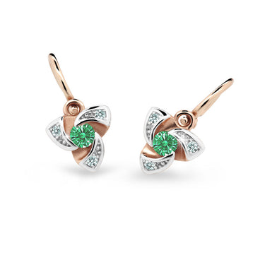 Dětské náušnice Danfil C2203 z růžového zlata s kamínkem Emerald Green, zapínání brizura