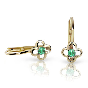 Dětské náušnice Danfil kytičky C1944 ze žlutého zlata s kamínkem Emerald Green, zapínání klapka