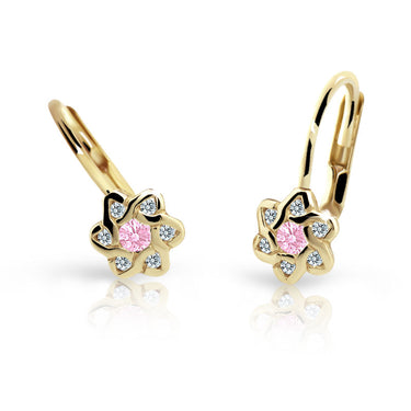 Dětské náušnice Danfil kytičky C2149 ze žlutého zlata s kamínkem Pink, zapínání klapka