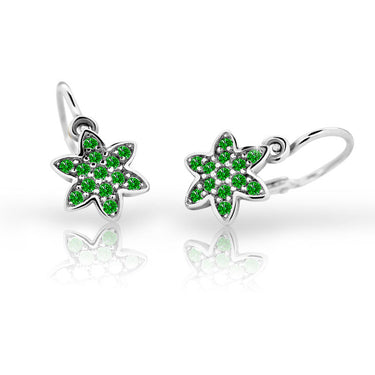 Dětské náušnice Danfil kytičky C2206 z bílého zlata s kamínky Emerald Green, zapínání brizura