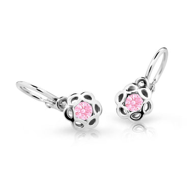 Dětské náušnice Danfil kytičky C2179 z bílého zlata s kamínkem Pink, zapínání brizura