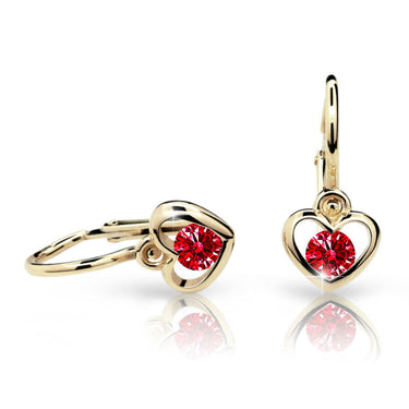Dětské náušnice Danfil srdíčka C1943 ze žlutého zlata s kamínkem Ruby Dark, zapínání brizura