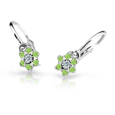 Dětské náušnice Danfil kytičky C2152 z bílého zlata s kamínky Peridot Green, zapínání brizura