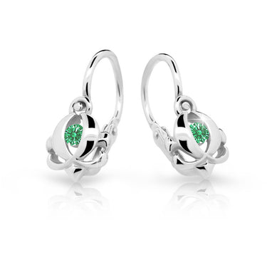 Dětské náušnice Danfil C2218 z bílého zlata s kamínkem Emerald Green, zapínání brizura
