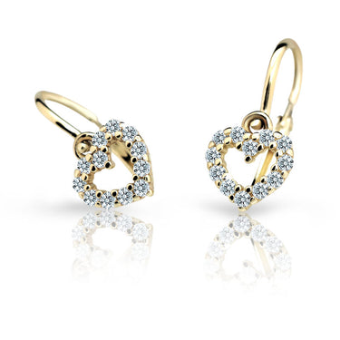 Dětské náušnice Danfil srdíčka C2157 ze žlutého zlata s kamínky White, zapínání brizura