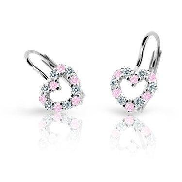 Dětské náušnice Danfil srdíčka C2157 z bílého zlata s kamínky Pink, zapínání klapka