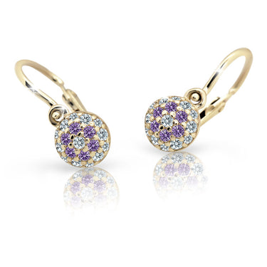 Dětské náušnice Danfil C2150 ze žlutého zlata s kamínky Amethyst, zapínání brizura