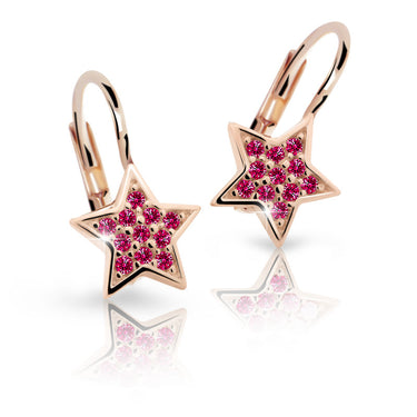 Dětské náušnice Danfil hvězdičky C2228 z růžového zlata s kamínky Ruby Dark, zapínání klapka
