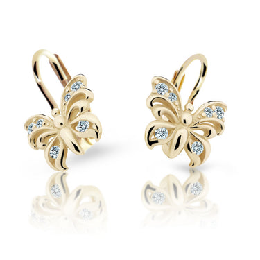 Dětské náušnice Danfil motýlci C2226 ze žlutého zlata s kamínky White, zapínání klapka