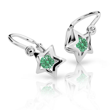 Dětské náušnice Danfil hvězdičky C1942 z bílého zlata s kamínkem Emerald Green, zapínání brizura