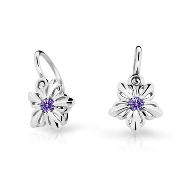 Dětské náušnice Danfil kytičky C2238 z bílého zlata s kamínkem Amethyst, zapínání brizura