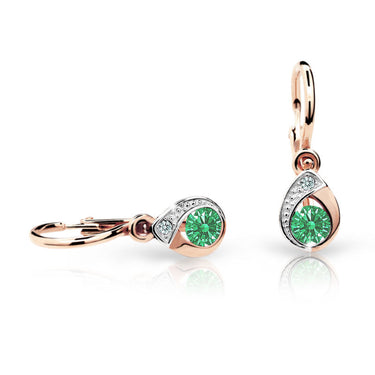 Dětské náušnice Danfil kapky C1898 z růžového zlata s kamínkem Emerald Green, zapínání brizura