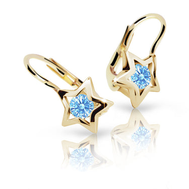 Dětské náušnice Danfil hvězdičky C1942 ze žlutého zlata s kamínkem Arctic Blue, zapínání klapka