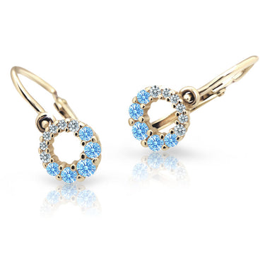 Dětské náušnice Danfil C2154 ze žlutého zlata s kamínky Arctic Blue, zapínání brizura