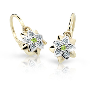 Dětské náušnice Danfil kytičky C2210 ze žlutého zlata s kamínkem Peridot Green, zapínání brizura