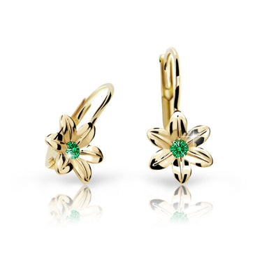 Dětské náušnice Danfil kytičky C1993 ze žlutého zlata s kamínkem Emerald Green, zapínání klapka