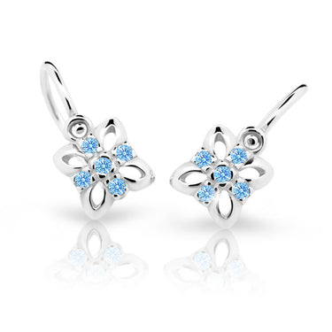 Dětské náušnice Danfil kytičky C2215 z bílého zlata s kamínky Arctic Blue, zapínání brizura