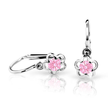 Dětské náušnice Danfil kytičky C1945 z bílého zlata s kamínkem Pink, zapínání brizura
