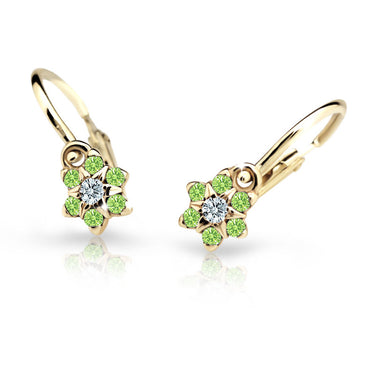 Dětské náušnice Danfil kytičky C2152 ze žlutého zlata s kamínky Peridot Green, zapínání brizura