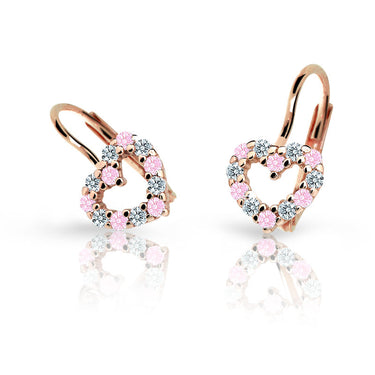 Dětské náušnice Danfil srdíčka C2157 z růžového zlata s kamínky Pink, zapínání klapka