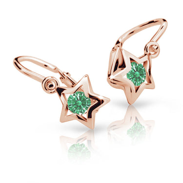 Dětské náušnice Danfil hvězdičky C1942 z růžového zlata s kamínkem Emerald Green, zapínání brizura