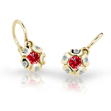 Dětské náušnice Danfil kytičky C2178 ze žlutého zlata s kamínkem Ruby Dark, zapínání brizura