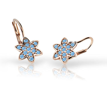 Dětské náušnice Danfil kytičky C2206 z růžového zlata s kamínky Arctic Blue, zapínání klapka