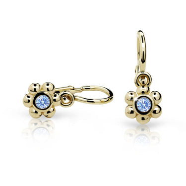 Dětské náušnice Danfil kytičky C2031 ze žlutého zlata s kamínkem Arctic Blue, zapínání brizura