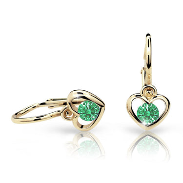 Dětské náušnice Danfil srdíčka C1943 ze žlutého zlata s kamínkem Emerald Green, zapínání brizura