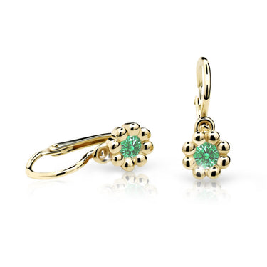 Dětské náušnice Danfil kytičky C2030 ze žlutého zlata s kamínkem Emerald Green, zapínání brizura