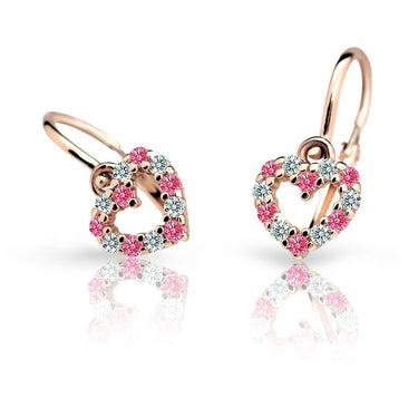 Dětské náušnice Danfil srdíčka C2157 z růžového zlata s kamínky Tcf Red, zapínání brizura