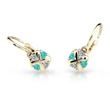 Dětské náušnice Danfil C2153 ze žlutého zlata s kamínky Mint Green, zapínání brizura