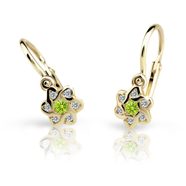 Dětské náušnice Danfil kytičky C2149 ze žlutého zlata s kamínkem Peridot Green, zapínání brizura