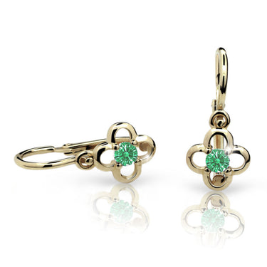 Dětské náušnice Danfil kytičky C1944 ze žlutého zlata s kamínkem Emerald Green, zapínání brizura