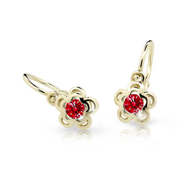 Dětské náušnice Danfil kytičky C2204 ze žlutého zlata s kamínkem Ruby Dark, zapínání brizura