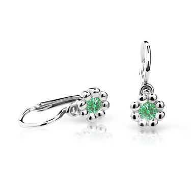 Dětské náušnice Danfil kytičky C2030 z bílého zlata s kamínkem Emerald Green, zapínání brizura