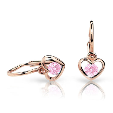 Dětské náušnice Danfil srdíčka C1943 z růžového zlata s kamínkem Pink, zapínání brizura