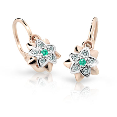Dětské náušnice Danfil kytičky C2210 z růžového zlata s kamínkem Mint Green, zapínání brizura