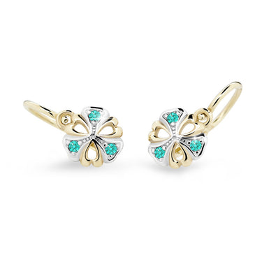 Dětské náušnice Danfil kytičky C2230 ze žlutého zlata s kamínky Mint Green, zapínání brizura