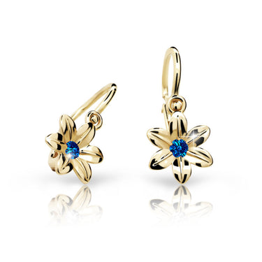 Dětské náušnice Danfil kytičky C1993 ze žlutého zlata s kamínkem Dark Blue, zapínání brizura
