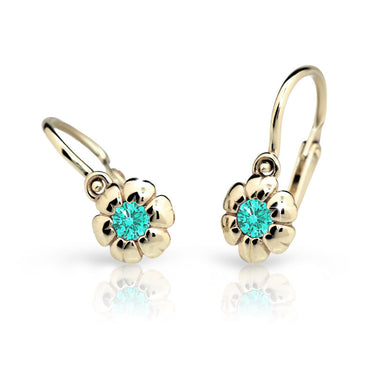 Dětské náušnice Danfil kytičky C2151 ze žlutého zlata s kamínkem Mint Green, zapínání brizura