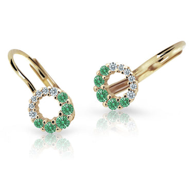 Dětské náušnice Danfil C2154 ze žlutého zlata s kamínky Emerald Green, zapínání klapka