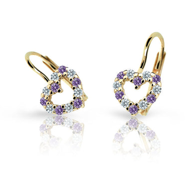 Dětské náušnice Danfil srdíčka C2157 ze žlutého zlata s kamínky Amethyst, zapínání klapka