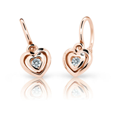 Dětské náušnice Danfil srdíčka C2177 z růžového zlata s kamínkem White, zapínání brizura