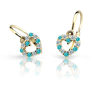 Dětské náušnice Danfil srdíčka C2157 ze žlutého zlata s kamínky Mint Green, zapínání brizura